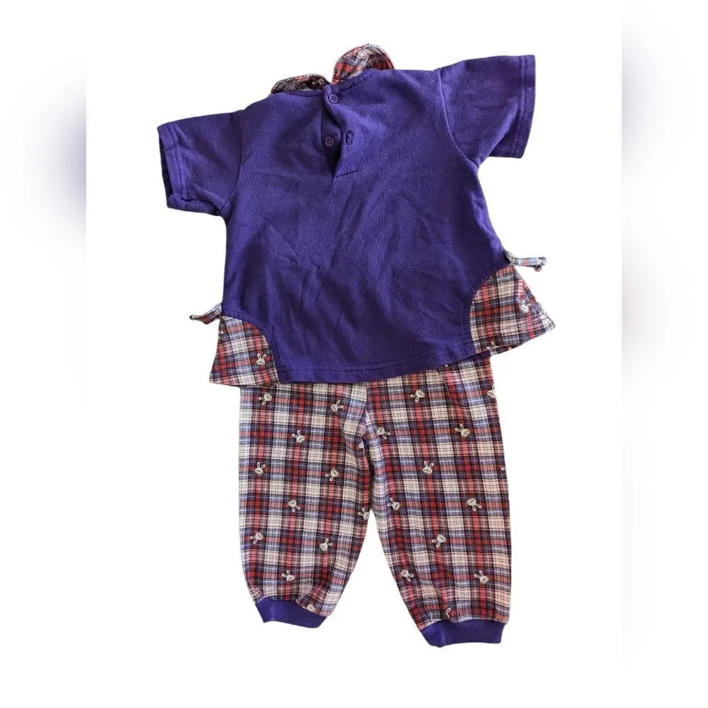 Vintage girls Small steps‎ purple plaid 2 piece embroidered bunny outfit  18 mts